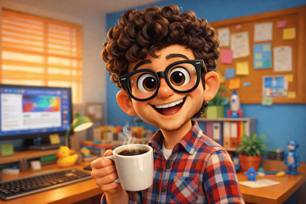 caricatura engraçada em estilo 3D da Disney de um homem jovem com óculos grandes, Gadget Garimpo Acessorios de tecnologia