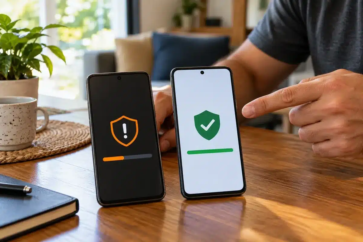 Dois smartphones ilustram a diferença entre alerta de segurança e sistema atualizado