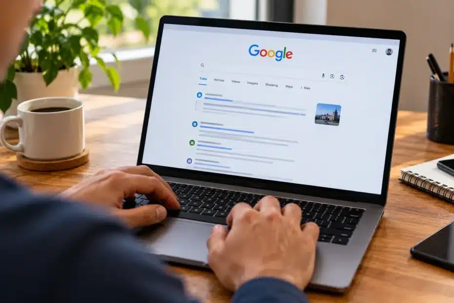 Pessoa pesquisando no Google em notebook, cena ilustrativa sobre visibilidade das fontes em respostas com inteligência artificial