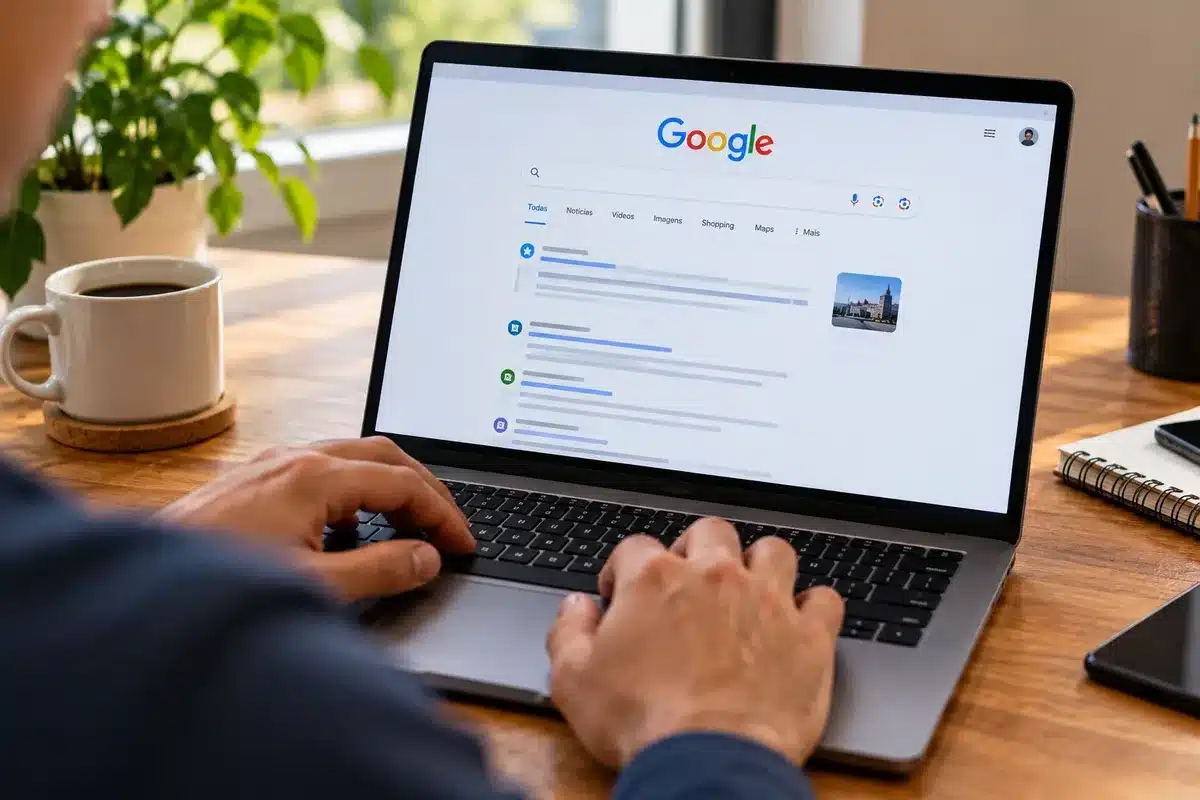 Pessoa pesquisando no Google em notebook, cena ilustrativa sobre visibilidade das fontes em respostas com inteligência artificial