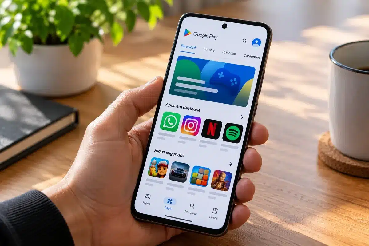 Celular Android com Google Play aberto em cena simples sobre uma mesa, representação editorial das novidades da loja