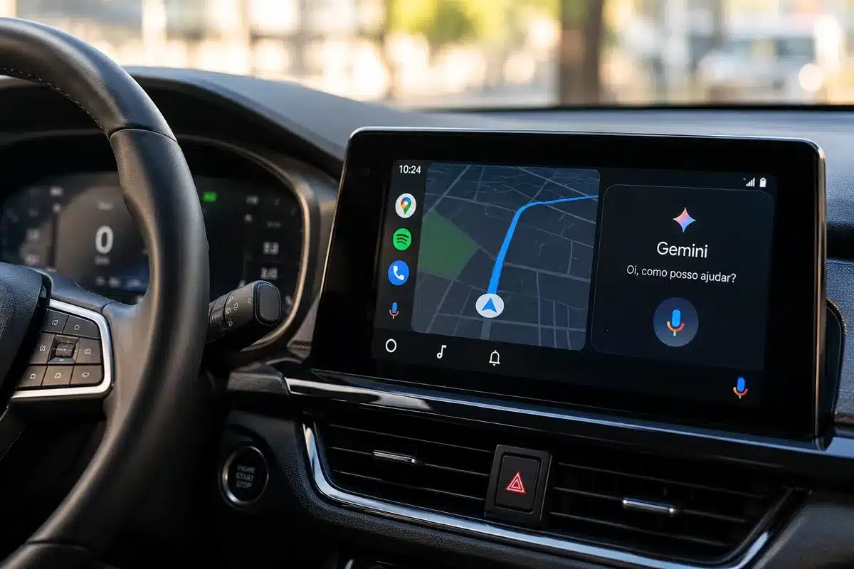 Central multimídia de carro com Gemini e navegação em tela ilustrativa