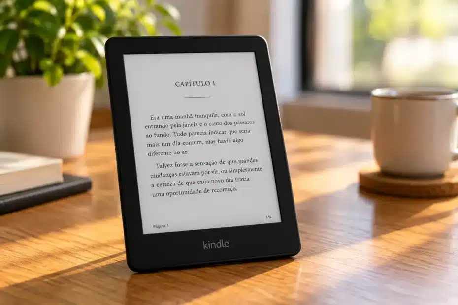 Leitor digital Kindle sobre uma mesa de madeira com página de livro aberta