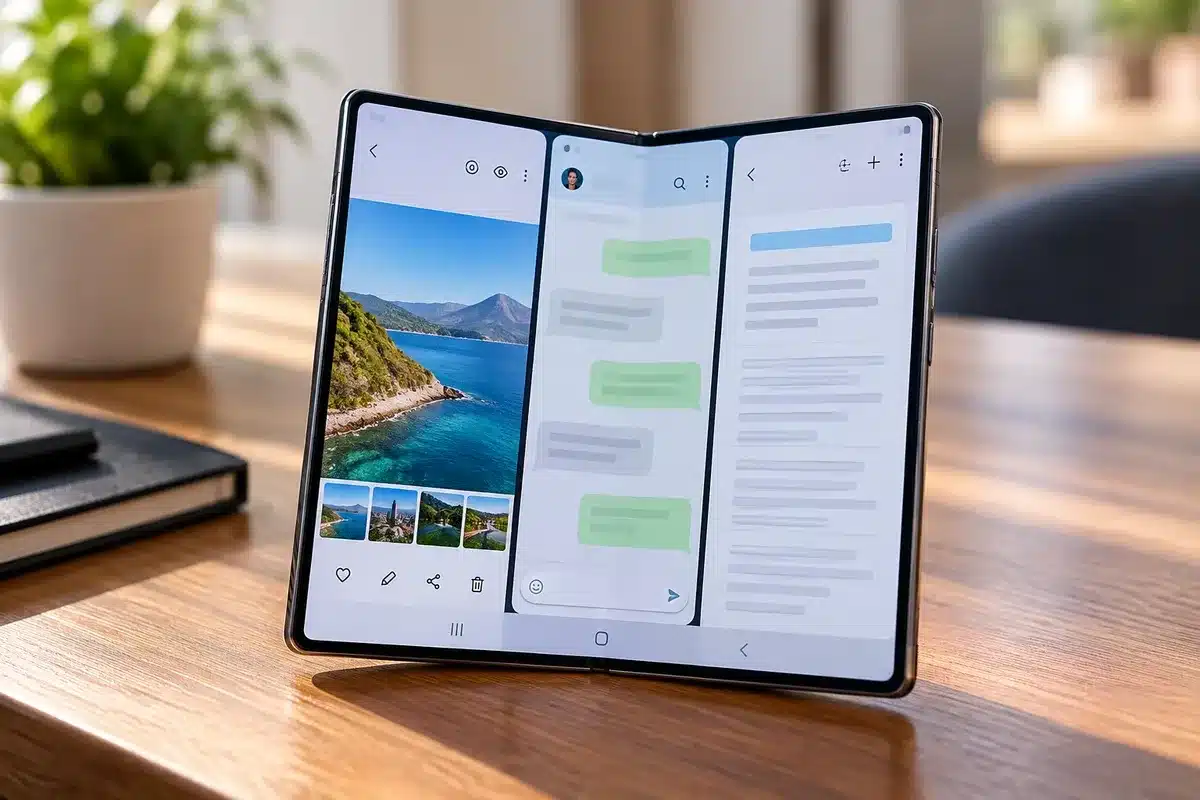 Smartphone Samsung Galaxy dobrável aberto sobre uma mesa, em fotografia editorial ilustrativa da multitarefa