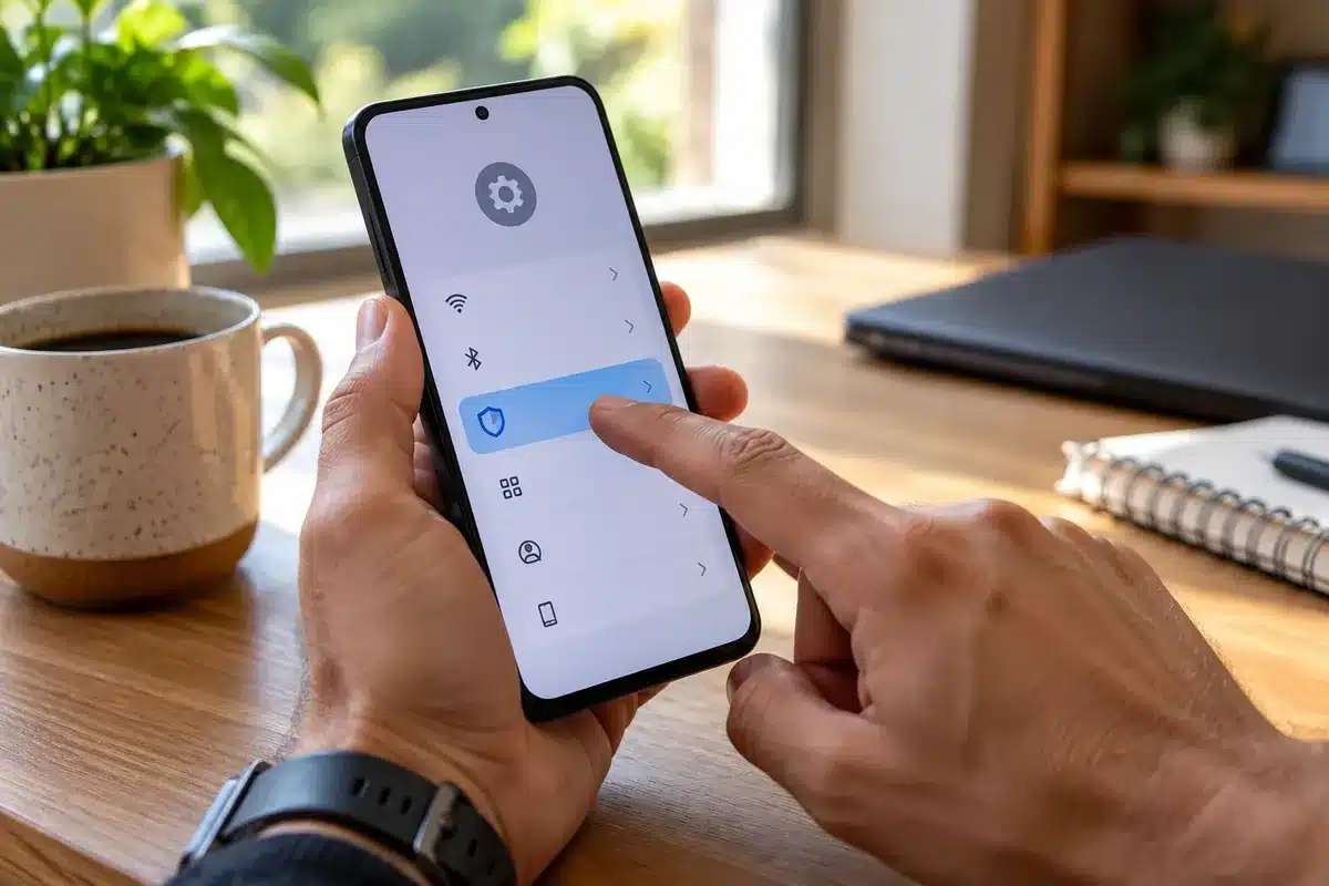 Pessoa confere as configurações de segurança de um smartphone Android em casa