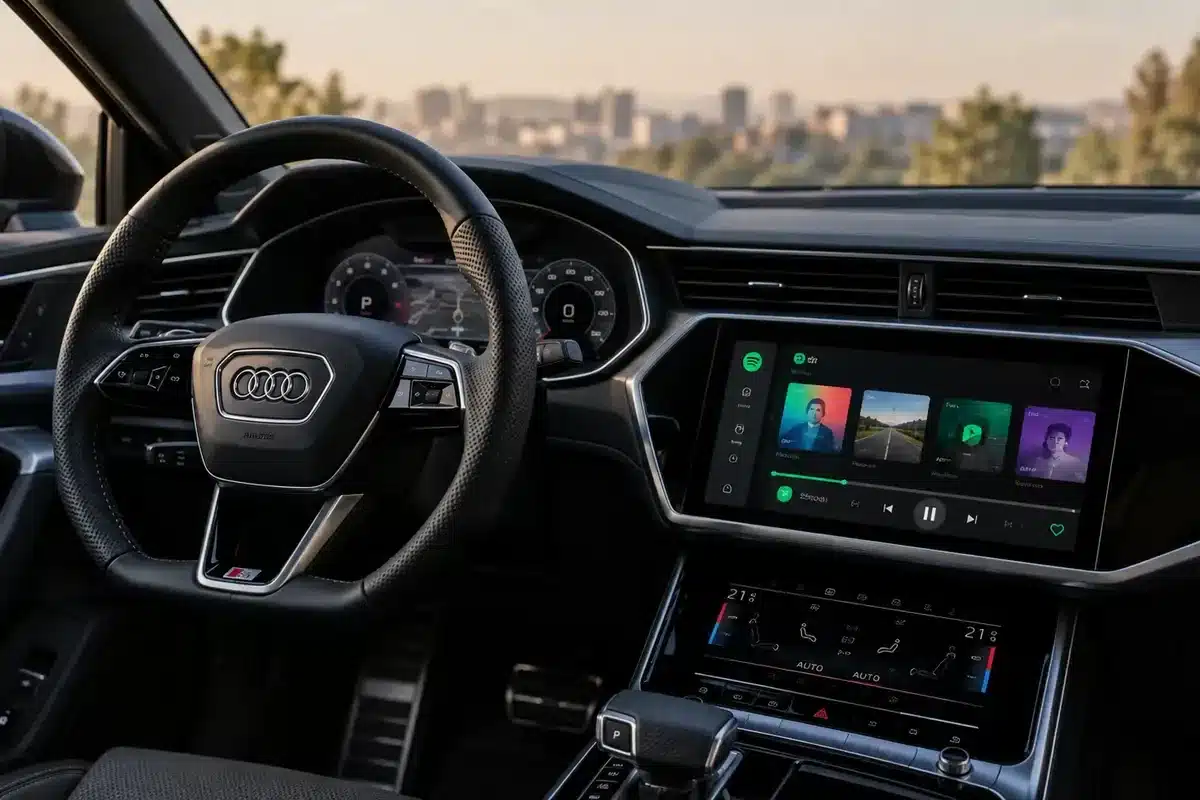 Painel de um carro Audi moderno com aplicativo de música aberto na tela central, em fotografia editorial