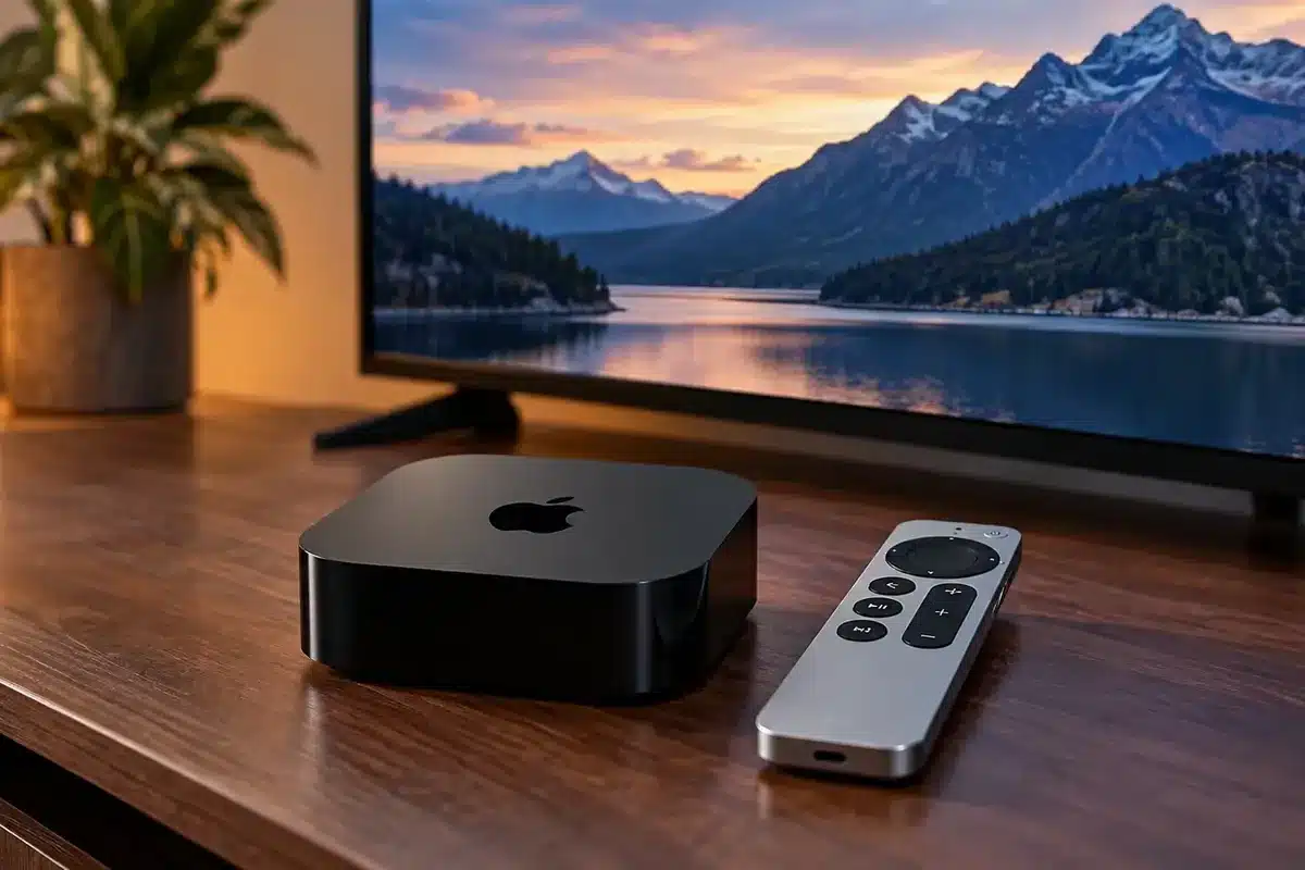 Dispositivo Apple TV 4K preto com controle remoto diante de uma televisão, em fotografia editorial