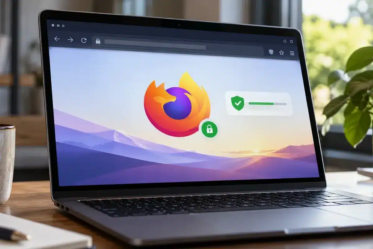Notebook com o navegador Firefox aberto e um cadeado de segurança visível na tela, em fotografia editorial