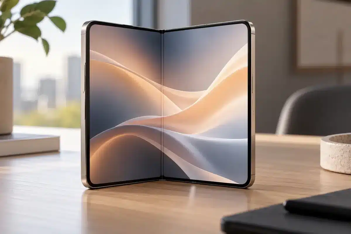 Smartphone dobrável premium aberto sobre uma mesa, com tela interna ampla e dobradiça visível, em fotografia editorial