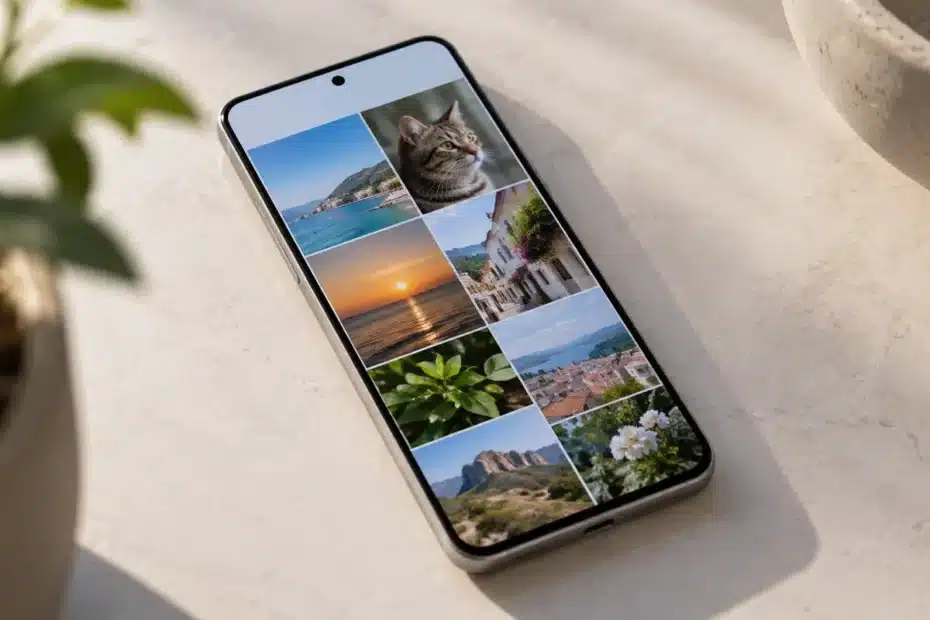 Smartphone moderno sobre mesa com galeria de fotos na tela, em fotografia editorial ilustrativa