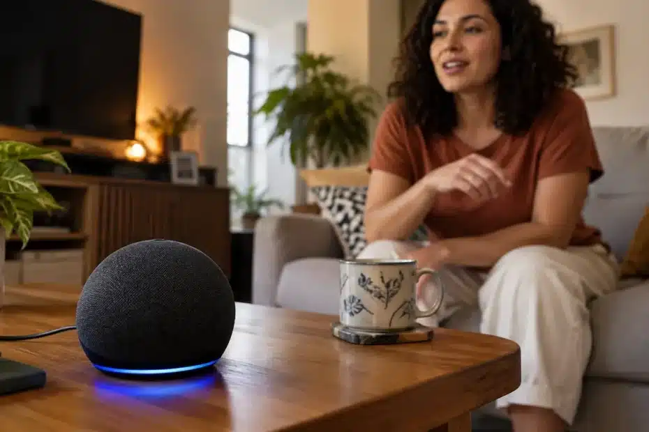 Caixa de som inteligente sobre mesa, com pessoa conversando ao fundo em sala residencial