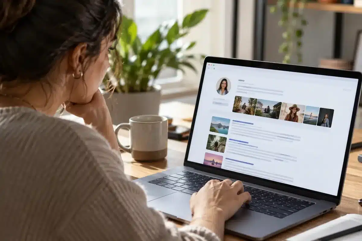 Criadora de conteúdo usando notebook para conferir resultados de busca em ambiente de trabalho