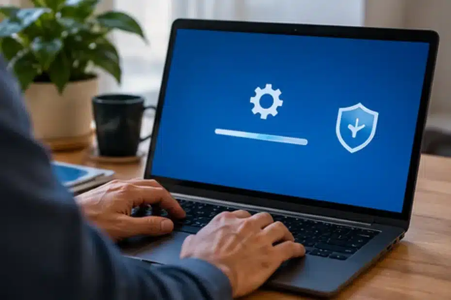 Pessoa verifica a atualização de segurança em notebook com tela azul