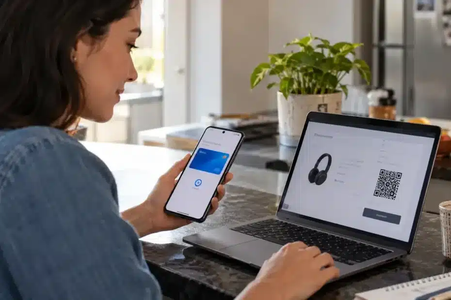 Pessoa conferindo pagamento de uma compra de eletrônico no smartphone ao lado de notebook, cena editorial ilustrativa