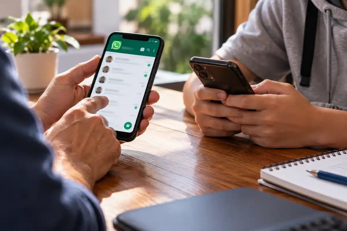 Dois celulares em uso cotidiano, com o WhatsApp identificado em um deles, ilustrando controle parental para adolescentes