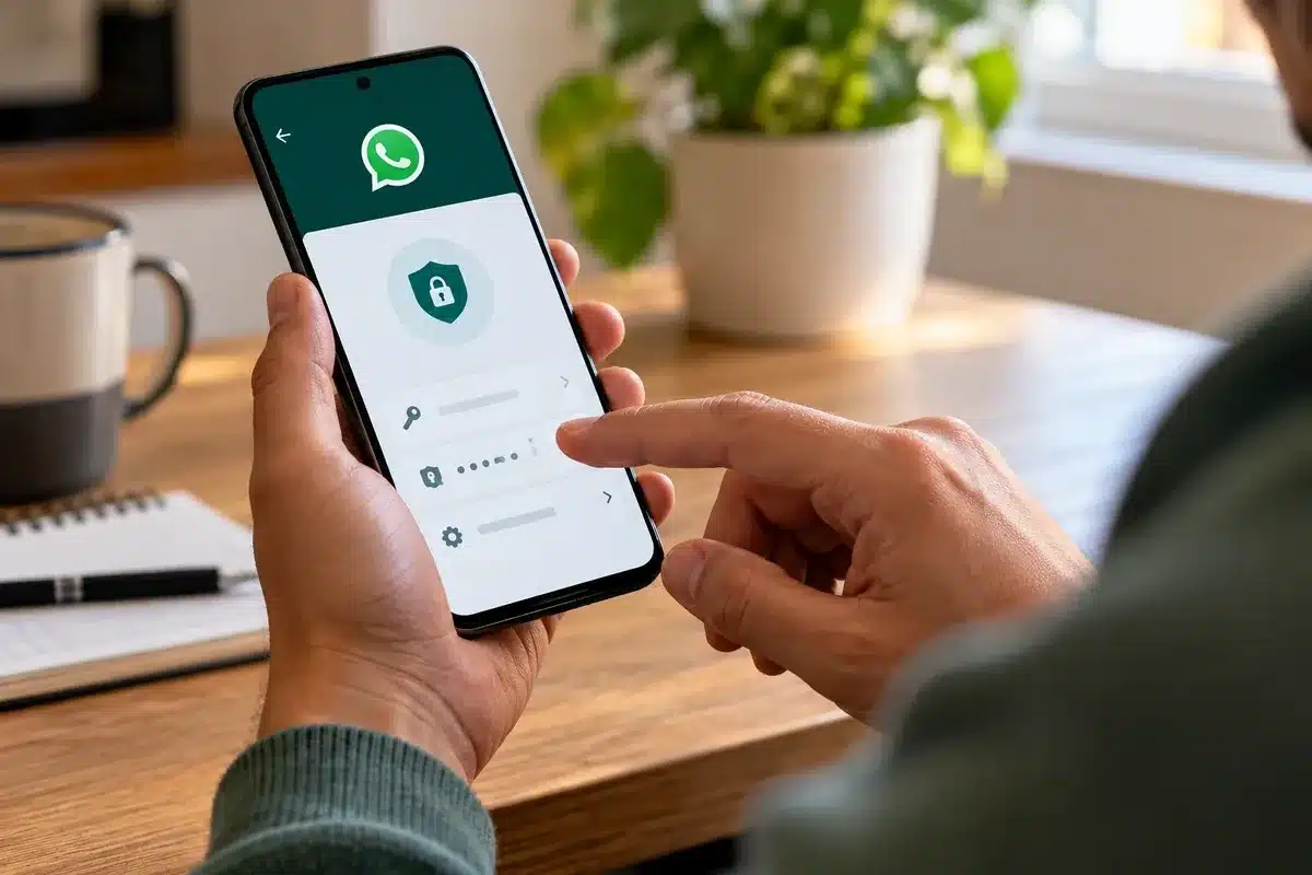 Pessoa acessa proteção de senha do WhatsApp em smartphone, em ambiente doméstico