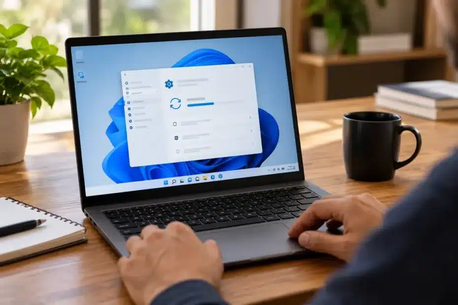 Notebook com Windows 11 aberto em ambiente doméstico, representando a chegada da atualização 26H2