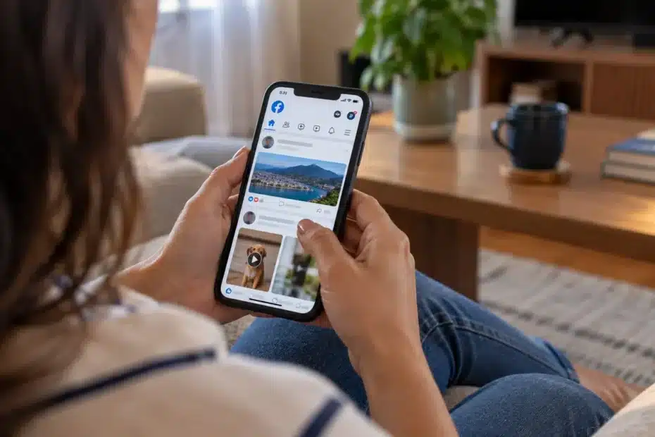 Pessoa usando o Facebook em um smartphone em ambiente doméstico, representando o ajuste das recomendações no Feed e Reels
