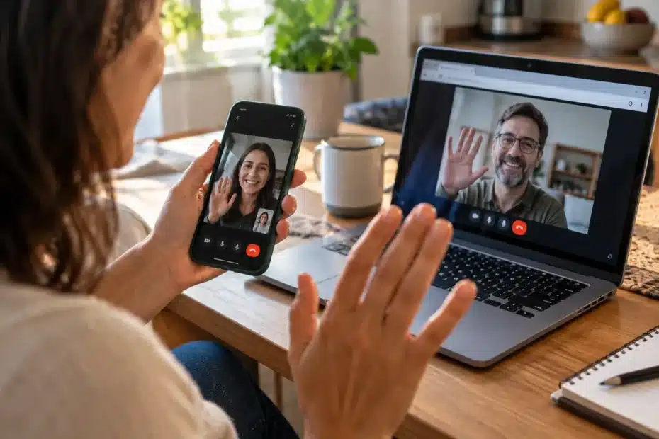 Pessoa usando o WhatsApp em smartphone durante uma chamada de vídeo, com notebook ao lado representando entrada de convidado pelo navegador