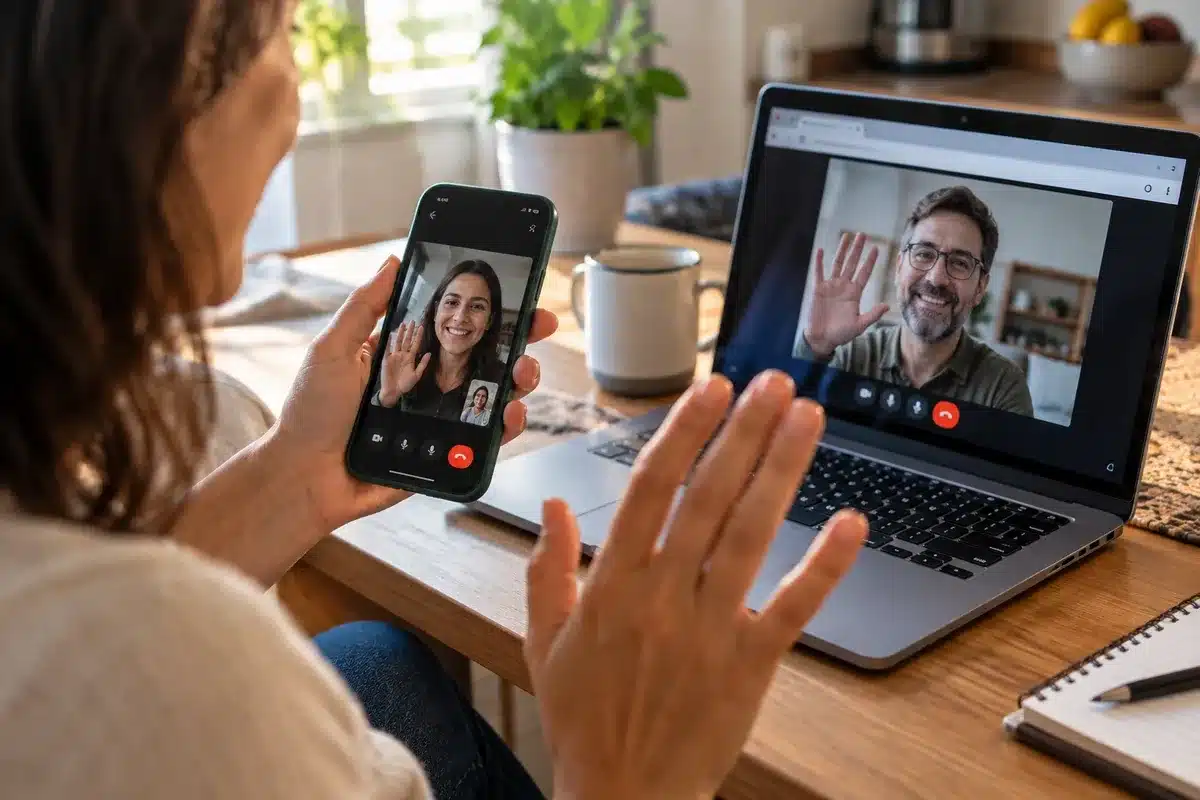 Pessoa usando o WhatsApp em smartphone durante uma chamada de vídeo, com notebook ao lado representando entrada de convidado pelo navegador