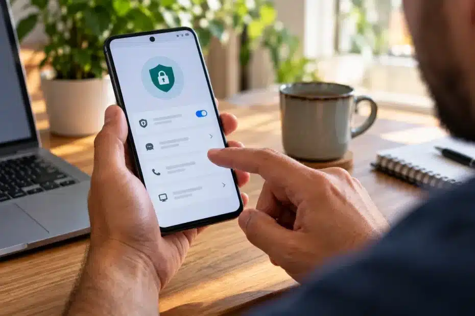 Pessoa verificando recursos de segurança em smartphone Android em uma mesa de trabalho, em cena editorial ilustrativa